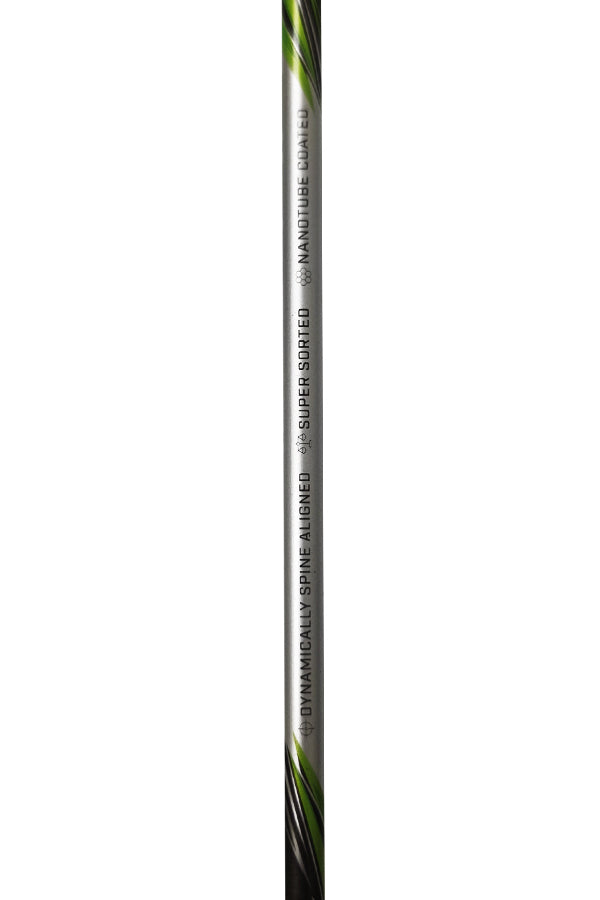A close-up vertical view of a golf shaft, showing the text &